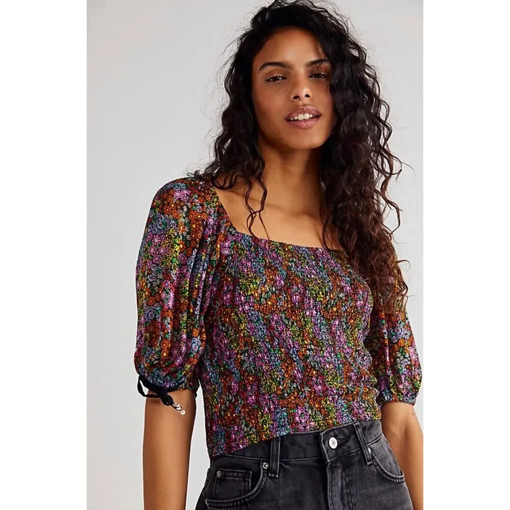 NEW Free People Back On Top Smocked Puff Sleeve Cropped Blouse Black Combo XS